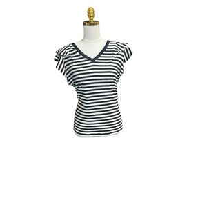 Tommy Hilfiger Striped V Neck Ruffle Top XL Black White NWOT